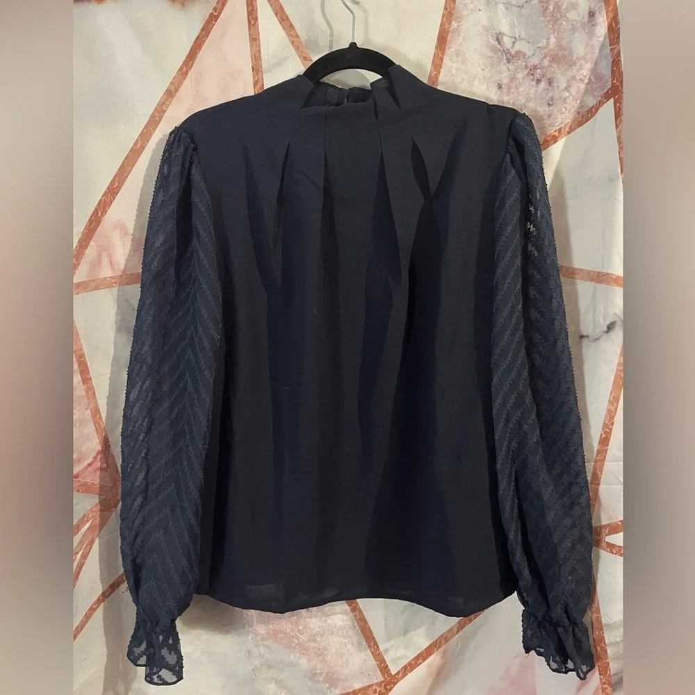 SHEIN Navy Blouse with Sheer Sleeves - Picture 7 of 9